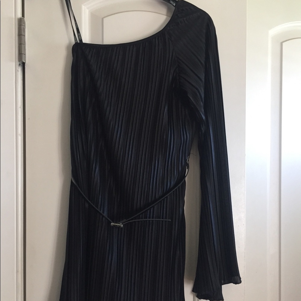 Black one shoulder pleated dress